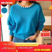 

Women Sweater Spring Autumn Korean Short Pullover Casual Solid Round Neck Pearl Sweaters Fashion Female Loose Slim Knitwear Tops