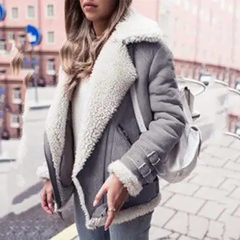

Fall-Winter Women Coat Warm Deerskin Cashmere Zipper Turn Down Collar Jacket Fashion Female Long Sleeve Streewear Coat Jacket