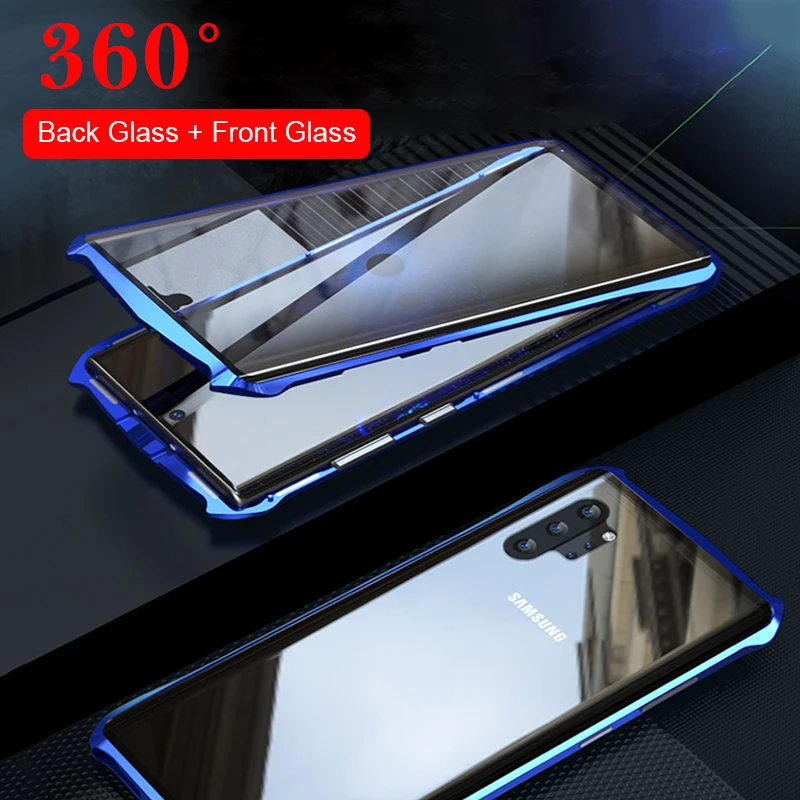 

Full Protective Magnetic Case For Samsung Note 10 Cover For Note 10 Case Metal Bumber Front+Back double-sided Tempered Glas Case