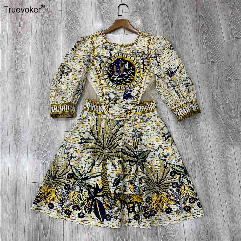 

Truevoker Designer Runway Dresses Women's High Quality Half Sleeve Indie Folk Printed Embroidery Lace Patchwork Vestidoes