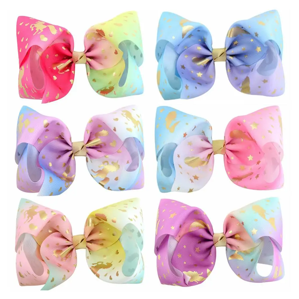 6pcs/lot 8inch Heart Star Mermaid Horse Unicorn Print Bows With Clips For Kids Girl Colorful Hairgrips Hair Accessories 857 |