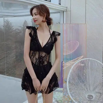 

2020 Women's Black Lace Hollow Bikini See-through Backless Sexy Triangle Swimsuit Beach Vacation Bikini Swimwear Women 152