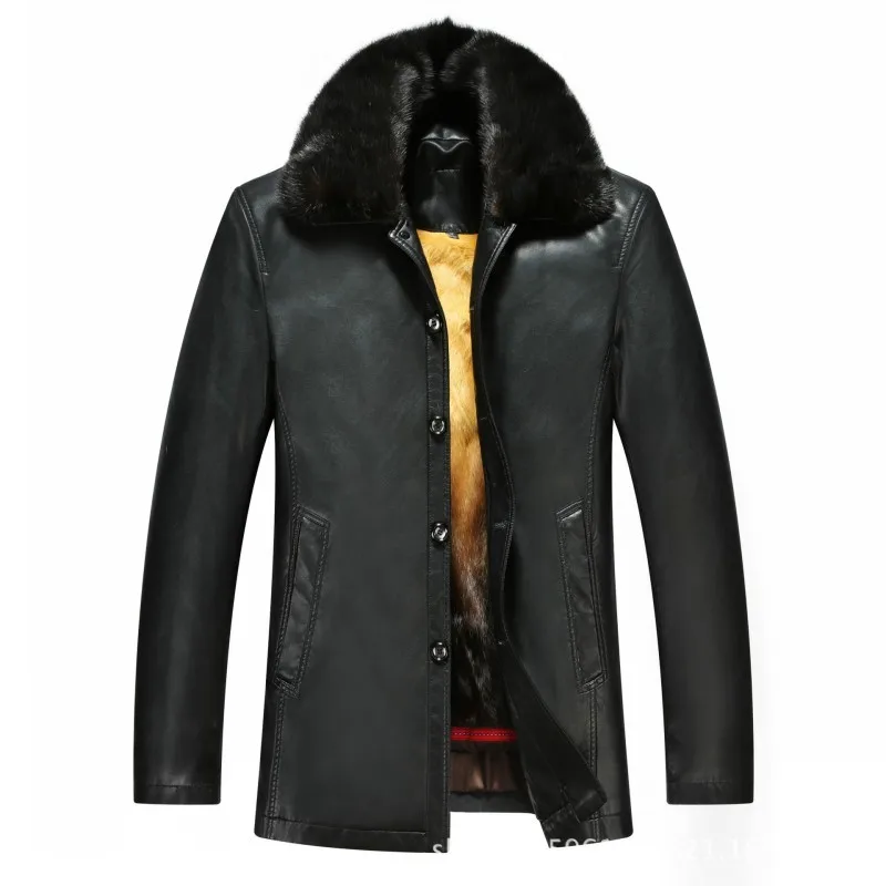 

Smart Casual Detachable Fox Collar Rex Rabbit Fur Mens Faux Leather Jackets Single Breasted Loose Medium Length Overcoats
