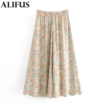 

Fashion Za Women Skirts Floral Print 2020 Spring Autumn Skirt Elastic High Waist Pleated Long A-Line Female Ladies