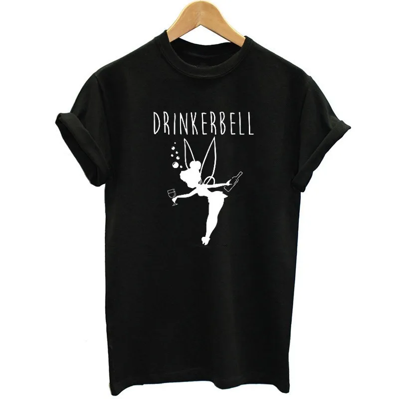 Женские футболки в стиле Харадзюку; модная женская футболка с буквенным принтом; забавная футболка с надписью «Drinkerbell»; летние топы с коротким рукавом и принтом для девочек
