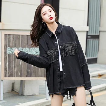 

Autumn Women Denim Jacket Black Female Beaded Tassel Stitching Loose Vintage Fashion Coat Outwear Fall Clothes