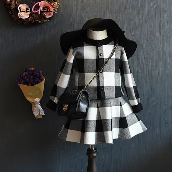 

2piece winter baby girl fanshion plaid clothing set kids girl plaid dress set children girls full sleeve o-neck coat clothes