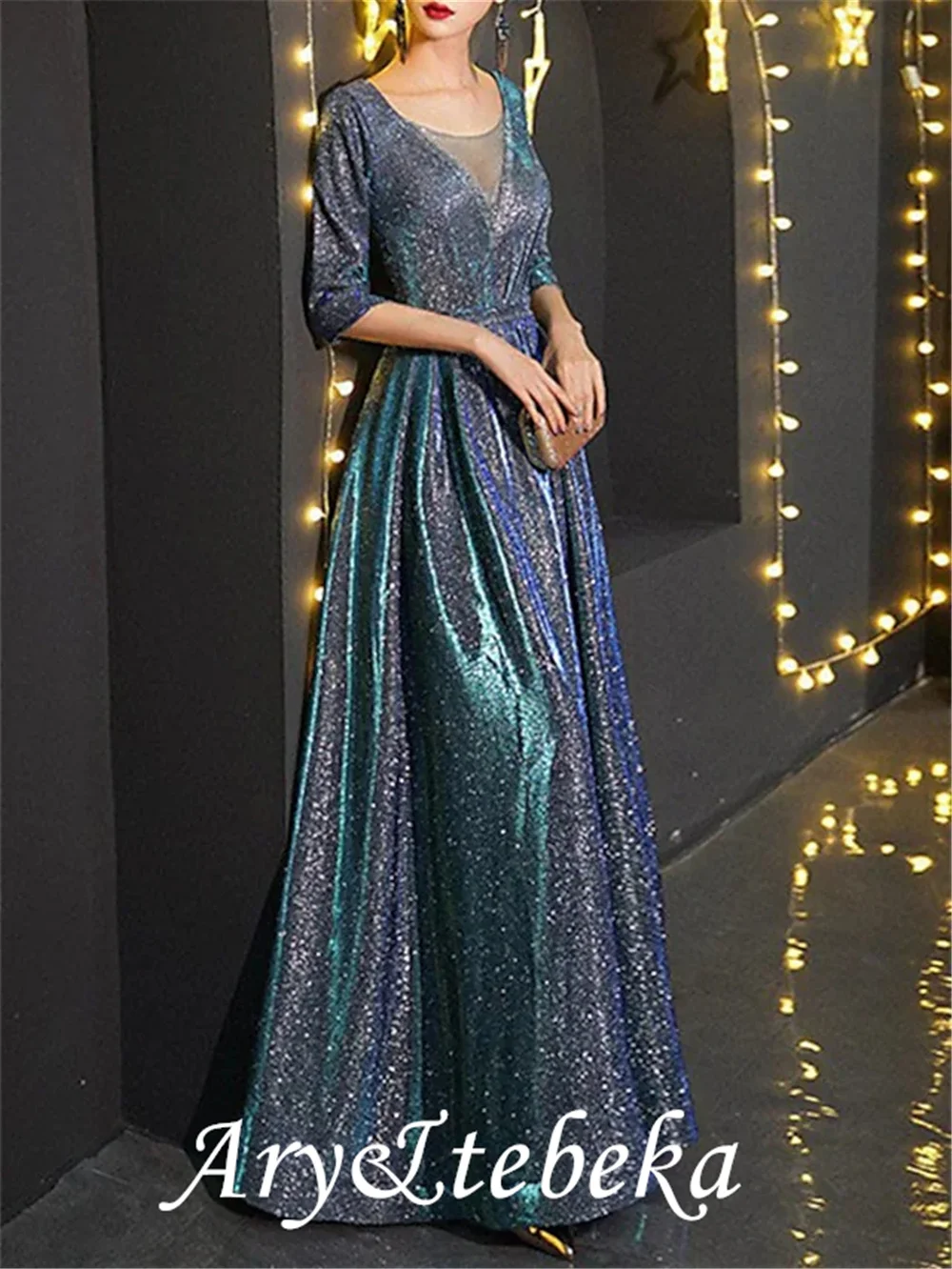 A-Line Mother of the Bride Dress Elegant Sparkle & Shine Jewel Neck Floor Length Satin Tulle Half Sleeve with Sequin mother bride dresses
