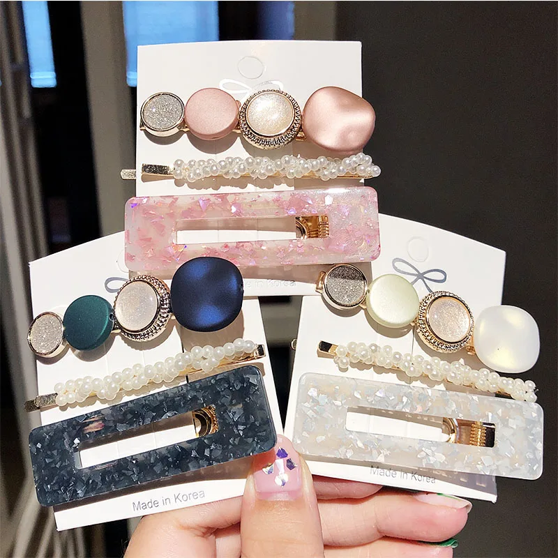 3Pcs/Set Elegant Pearl Hair Clips Set For Women Girls Acetate Geometric Clip Sweet Headwear Korea Barrette Accessories |