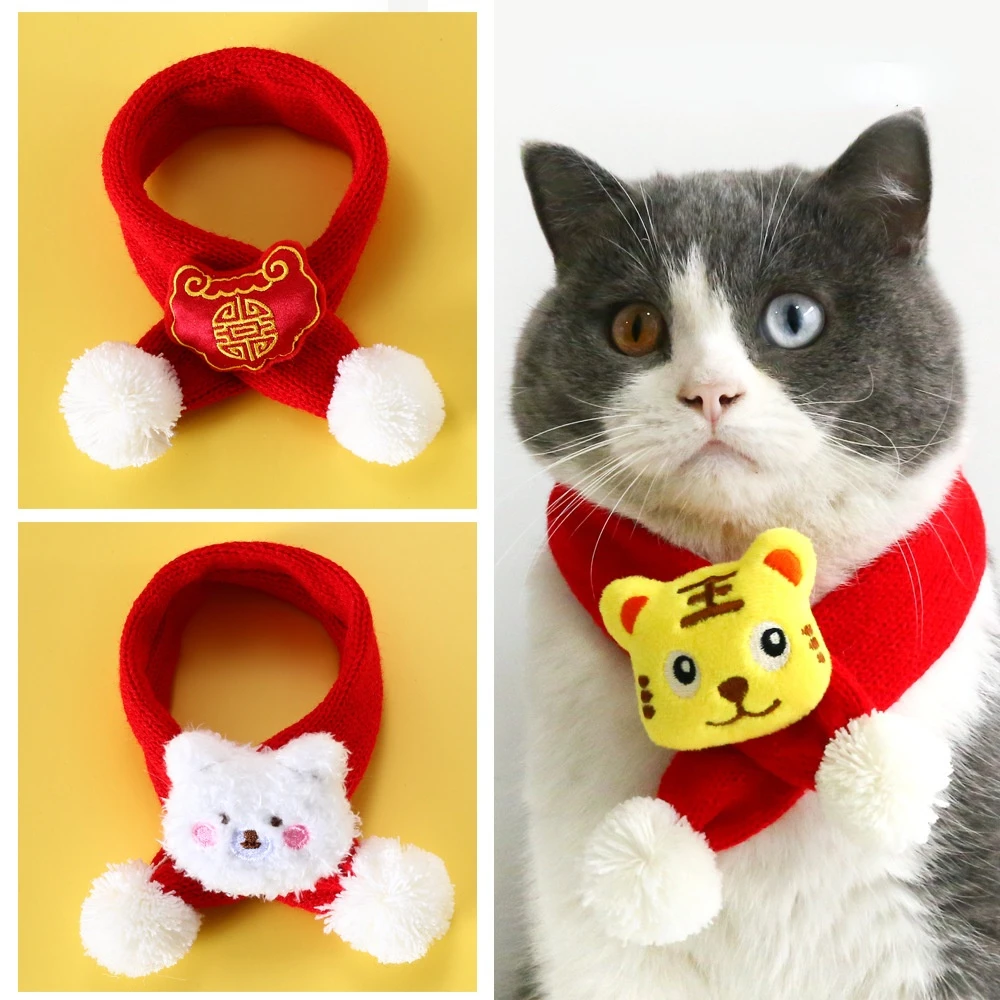 Pet Cat Dog Knitted Scarf Fashion Decoration Cats Winter Warm Neck  Accessories Cartoon Tiger Pattern Kawaii Puppy Collar