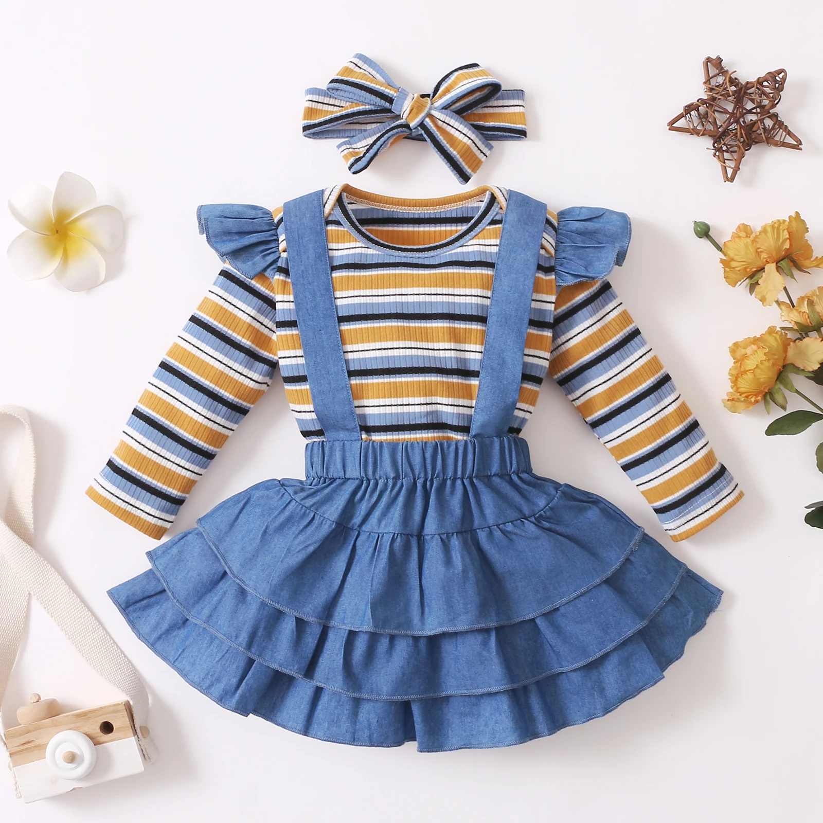 baby dress and set 3Pcs Baby Girl Skirt Dress Set Infant Kids Clothing Striped Romper + Ruffle Denim Suspender Skirts Newborn Girl Clothes small baby clothing set	