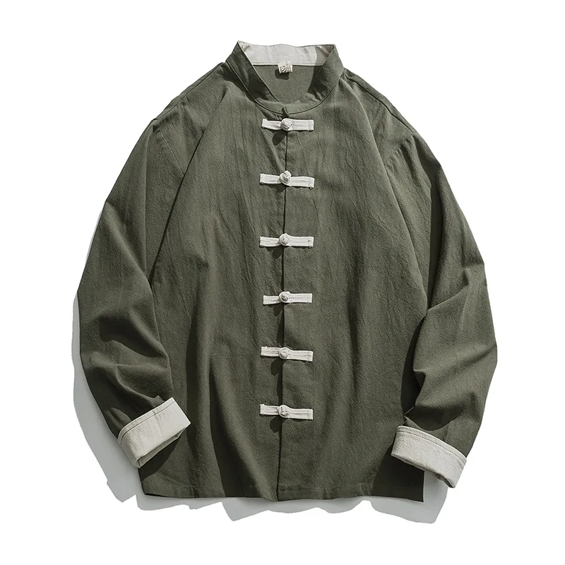 Кимоно куртка мужская традиционная китайская одежда льняной Hanfu Топ с длинным рукавом Тан костюм Кунг Фу рубашка кардиган пальто M-5XL - Цвет: Drak green