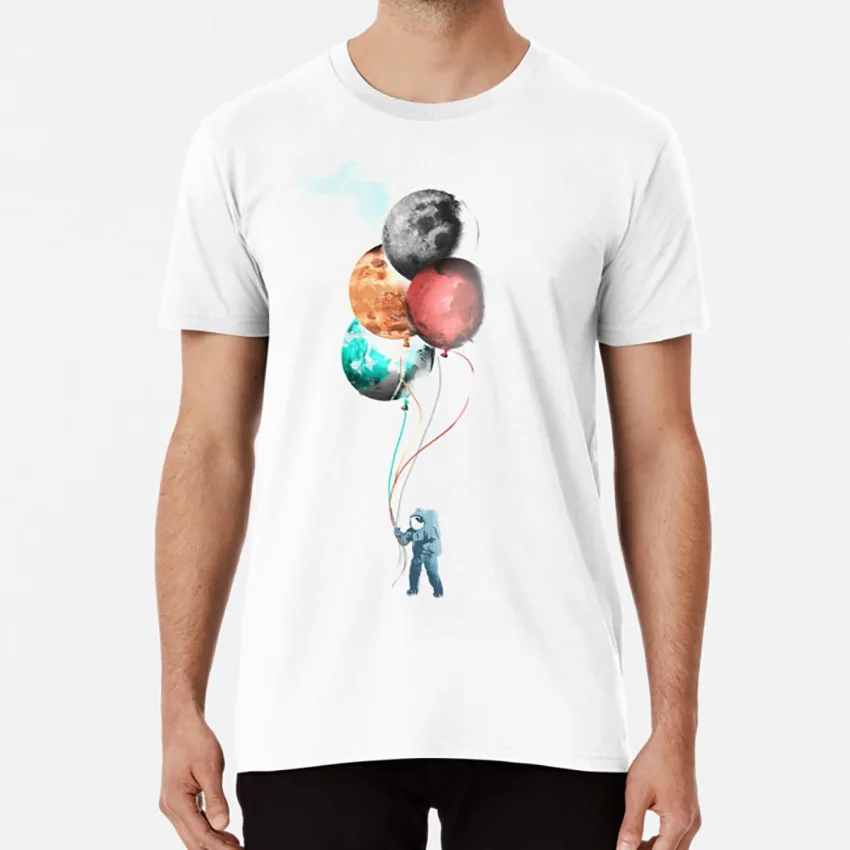 

The Spaceman's Trip T Shirt Artsy Surreal Sci Fi Nerdy Spaceman Astronaut Planets Space Balloons Cool