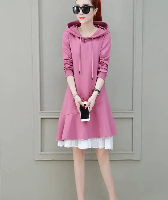 Hooded shirt ins over the knee  dress fishtail fake two pieces
