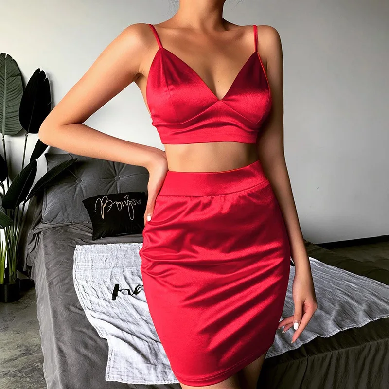 satin 2 piece skirt set