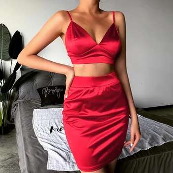 

Neon Red Backless Satin 2 Piece Set Women V Neck Spaghetti Strap Crop Top Mini Skirt Set Club Two Piece Set Sexy Outfit