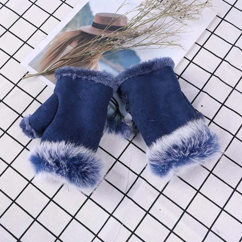 blue Новые женские бархатные теплые перчатки из кроличьего меха, Модные леопардовые и однотонные флисовые перчатки на половину пальцев - Цвет: blue