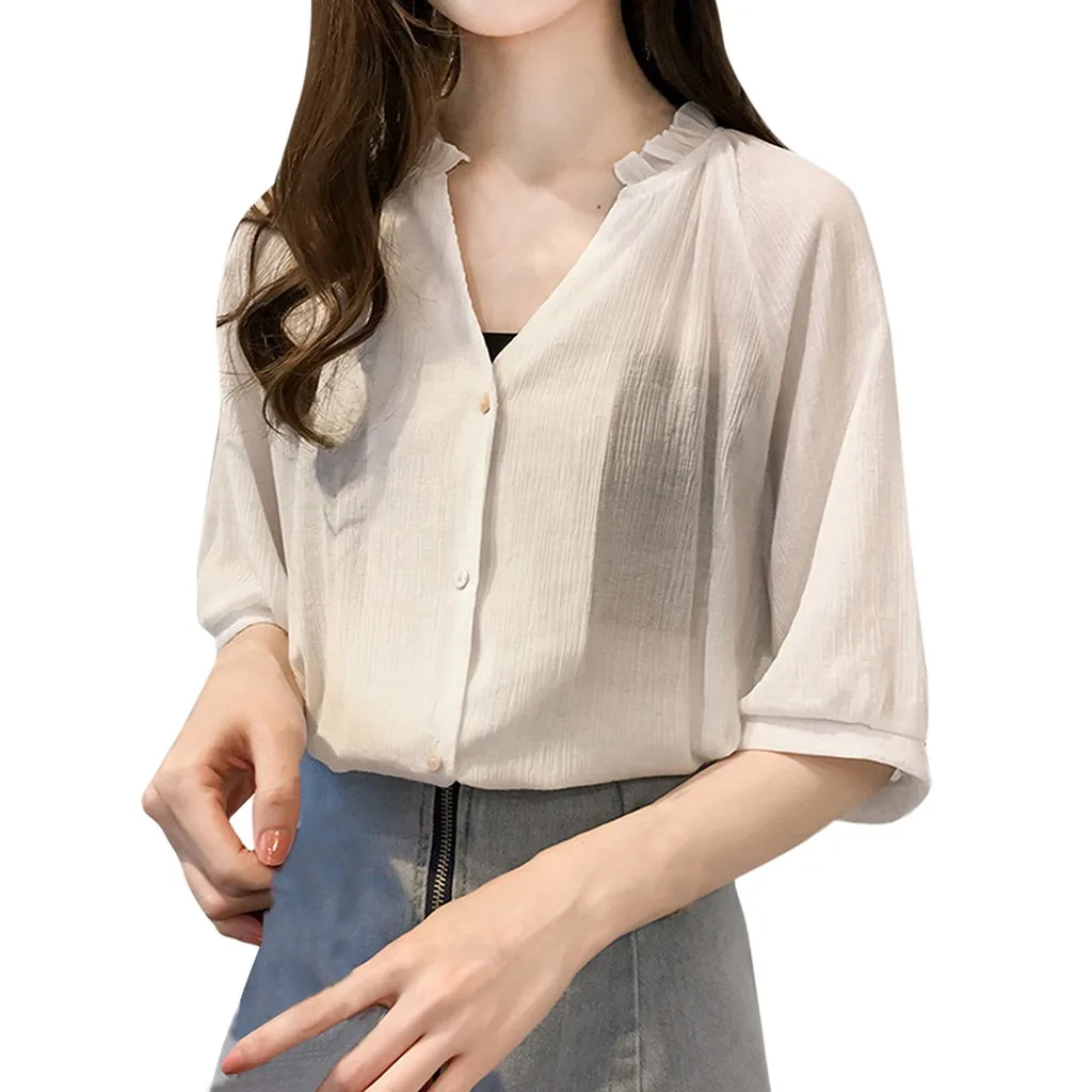 

Summer Fashion tee shirt femme shein футболка Elegant Women Half Sleeve V-Neck Tops Pure Color Loose Blouse modis Tops Tees