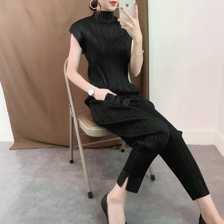 Miyake складывается прямые брюки осенние новые брюки ноги Сплит клинья девять брюки повседневные дикие ноги прямые брюки женские