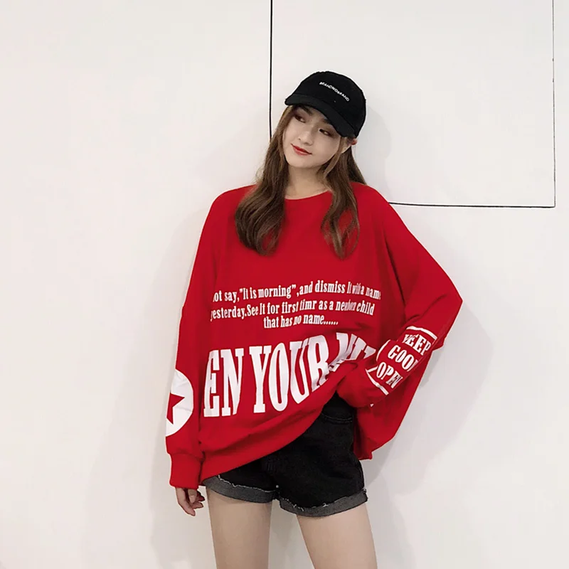 Толстовки с буквенным принтом Kpop, длинный свитер, толстовки для женщин, негабаритная уличная одежда Harajuku, корейские пуловеры «летучая мышь», верхняя одежда с рукавами
