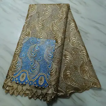 

2019 High Quality African Lace Fabric Gold Line French Net Embroidery Beaded Stones Tulle Lace Fabric For Nigerian party Dress
