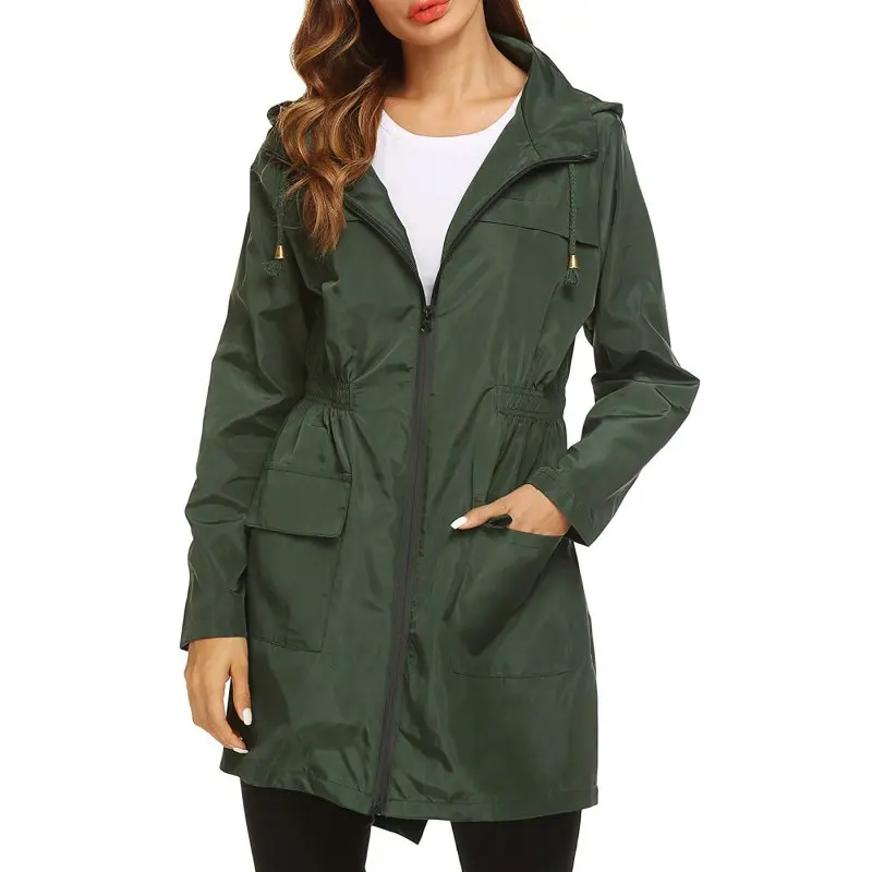 

Autumn Spring Fashion Ladies Long-sleeved Waterproof Suit Outdoor Hooded Raincoat Jacket Coat Solid Color
