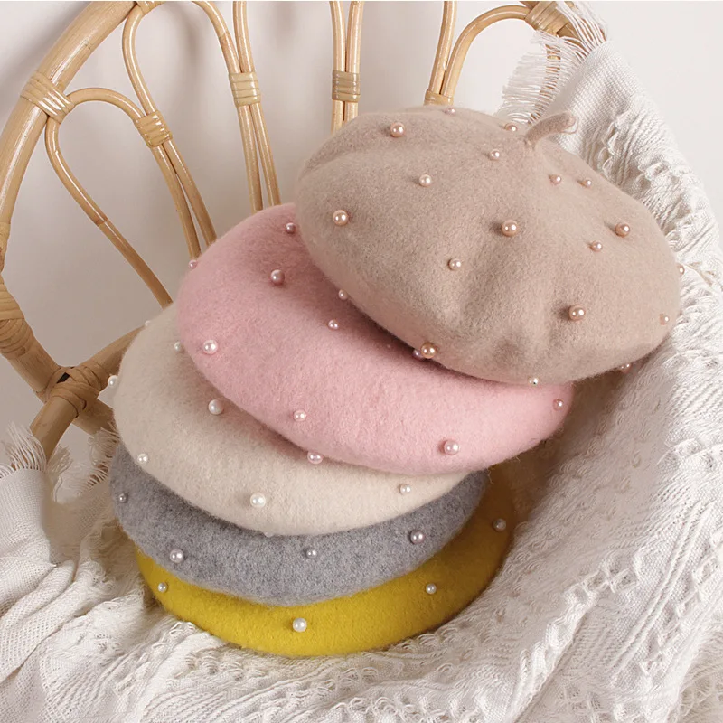 

Winter Wool Pearl Beret Hat For Girls Kids Pumpkin Caps Children Beanie Bonnet