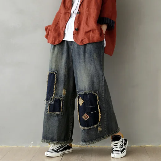 

2020 Spring Jeans Retro Women Elastic Waist Loose All-match Denim Pants New Patchwork pocket Bleached Casual Trousers
