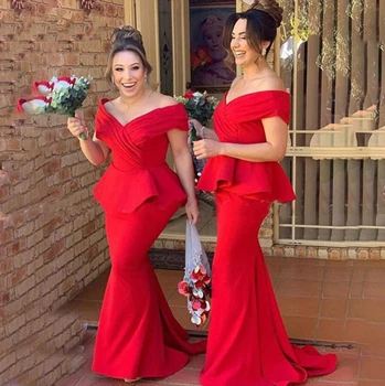 

2020 New Hot Sale Red Long Bridesmaid Dresses With Pepulm Off Shoulder Mermaid Vestidos Wedding Party Dress Formal Gown