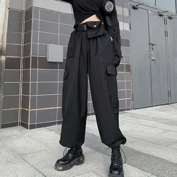 

2020 Safari Style Loose Big Pockets Black Straight Cargo Pants Women Streetwear High Waist Pants Women Fashion Trousers
