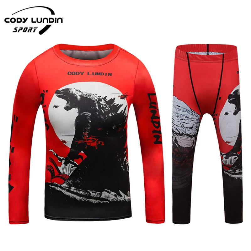 Cody Lundin Training Kids Rash Guard Compression Base Layer Tights No Gi BJJ Fitness Boxing Fightwear jiu jitsu Rash Gard Set 4