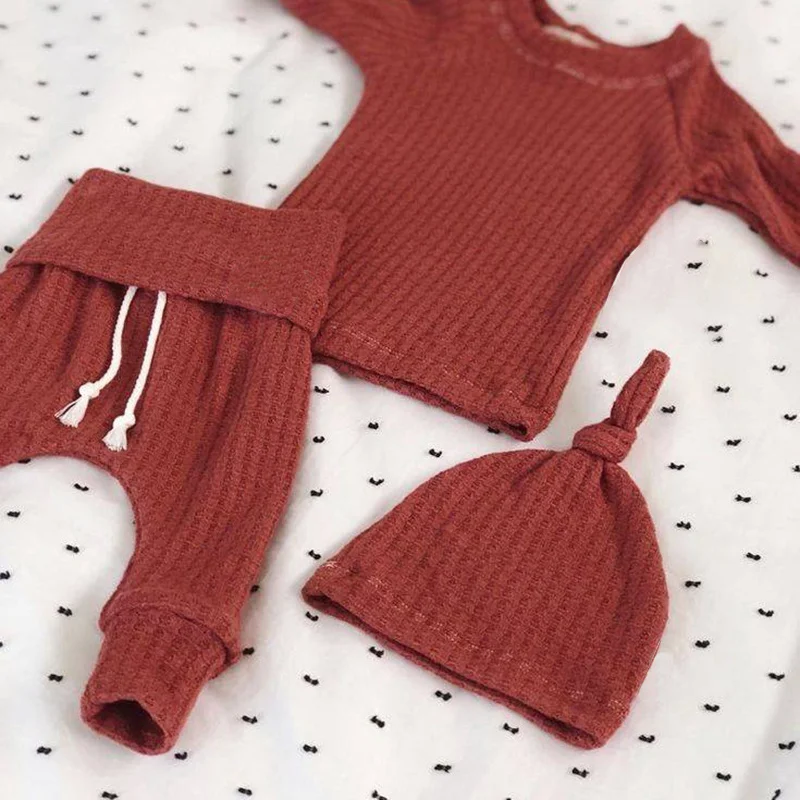 Autumn Winter Waffle Baby Outfit Neutral Baby Girls Boys Long Sleeve Clothes Pant Beanies Soft Home Outfit Ropa Bebe 3pcs/set Baby Clothing Set for girl