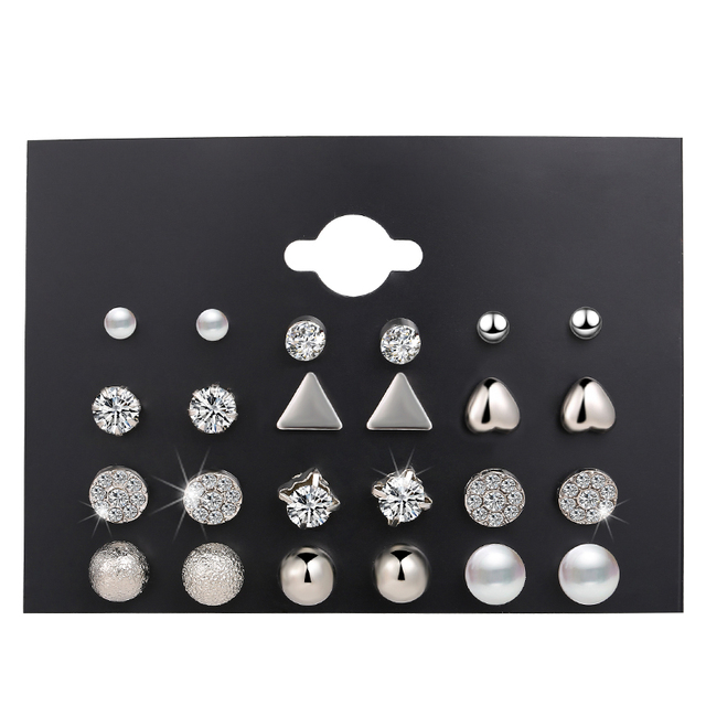 Geometric Gold Silver Color Cubic Zircon Crystal Stud Earrings Set For Women Fashion Pearl Earrings Gifts Jewelry