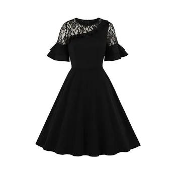 

Sisjuly Vintage Ladies Lace Ruffle Sleeve A-Line Dresses Sweet Black Party Dresses Half Sleeve Patchwork Floral Dress