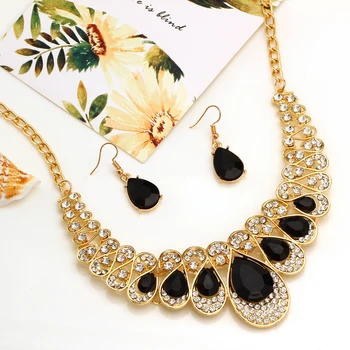

Luxury Colorful Rhinestone Crystal Gold Color Engagement Choker Statement Necklace Earrings Gem Stone Jewelry Sets For Women