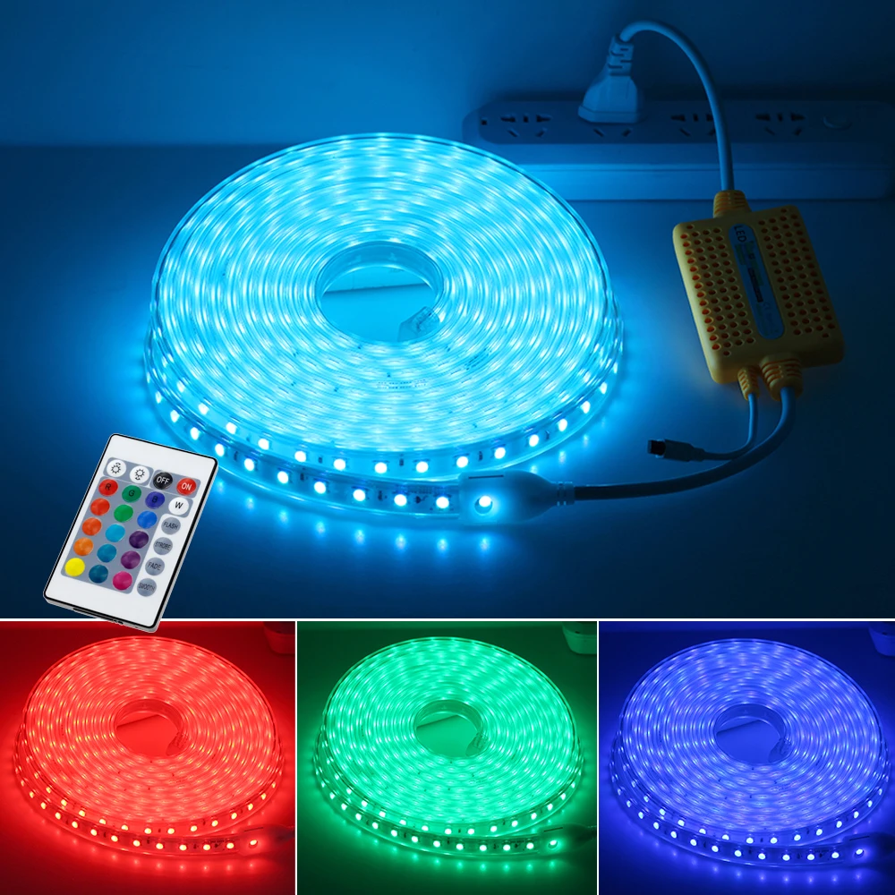 220V RGB LED Strip SMD5050 with IR Remote Controller IP67 Waterproof  Outdoor Use Flexible LED Light Strip RGB 1m - 15m Set - AliExpress