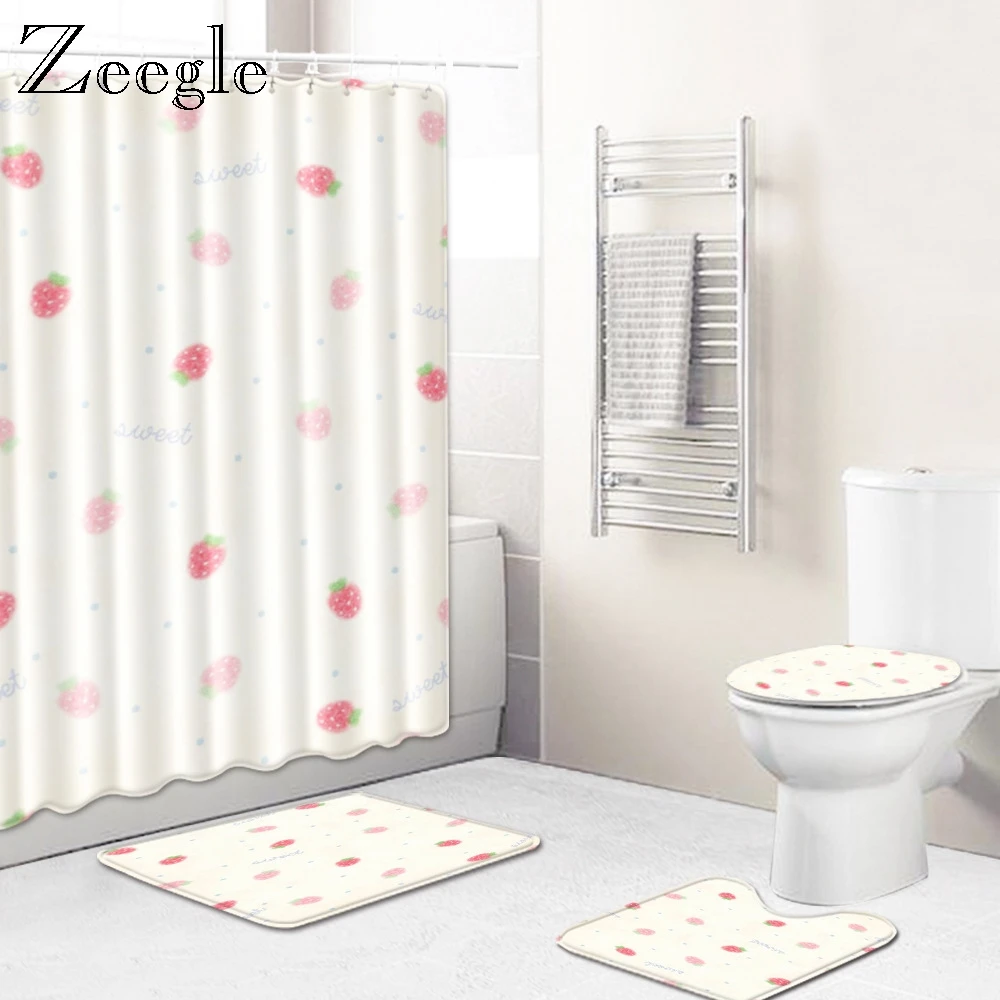 Zeegle 4PCS Bath Mat Set Waterproof Shower Curtain Soft Toilet Seat Cover Rug Anti-slip Toilet Pedestal Rug Bathroom Curtain Set