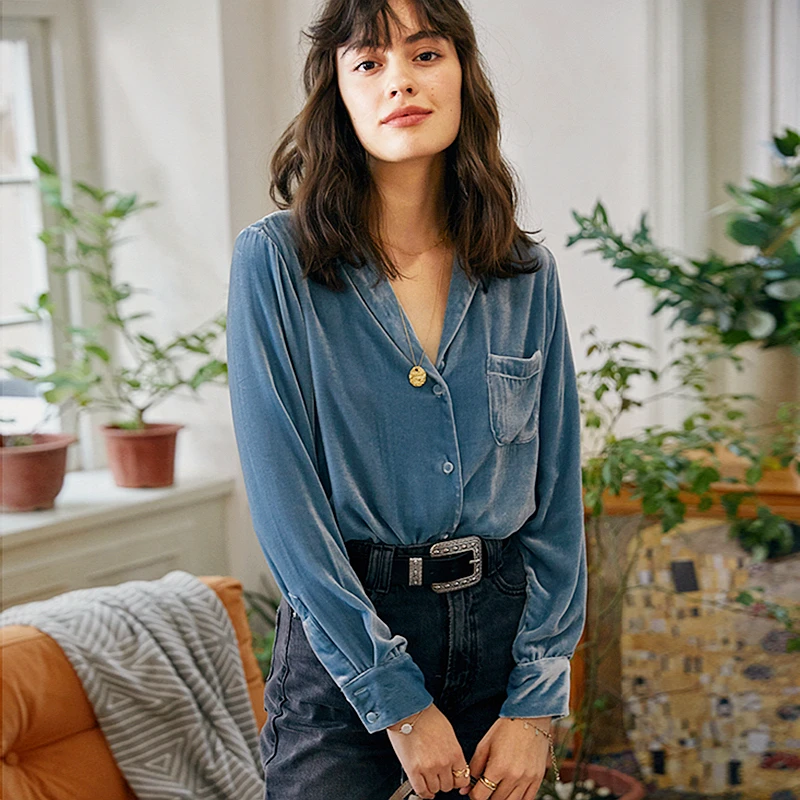 Silk Velvet Blouse Women Lazy Elegant Style 17% Silk Blended Solid Stand  Collar Long Sleeves Pocket Casual Shirt New Fashion|Blouses u0026 Shirts| -  AliExpress
