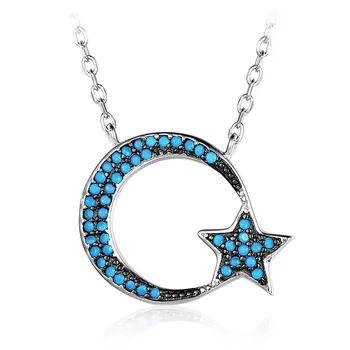 

Fashion 925 Sterling Silver Turquoise Stone New Moon Star Necklace Turkish Blue Zircon Charm Necklace for Women Wedding Jewelry