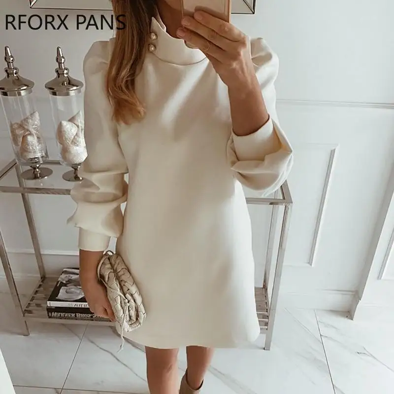 Solid High Neck Mini Dress Women Dress