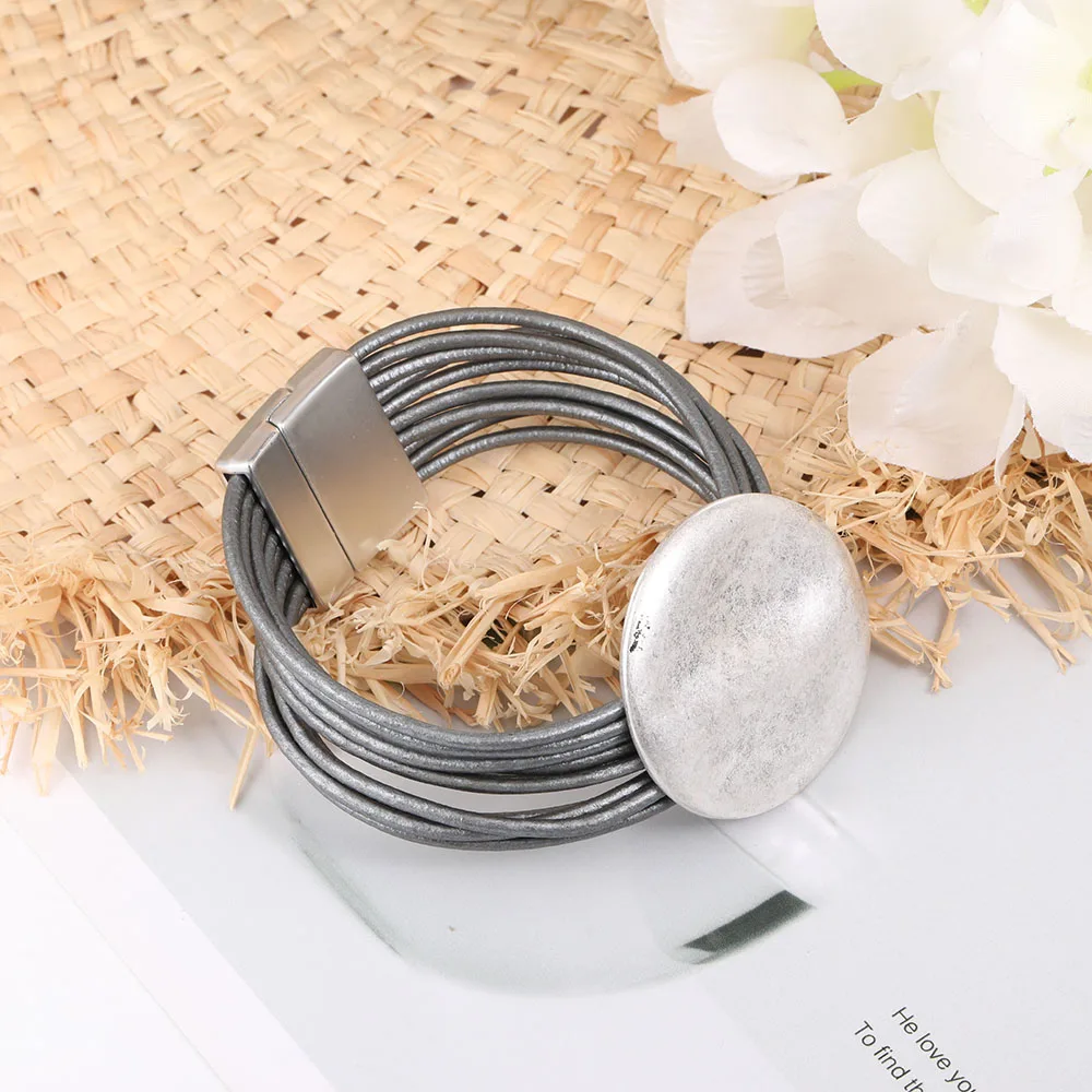 Серебряная круглая подвеска в виде волн браслет для женщин многослойные кожаные цепи магнитная пряжка дизайн Braelet Модные Винтажные Ювелирные изделия