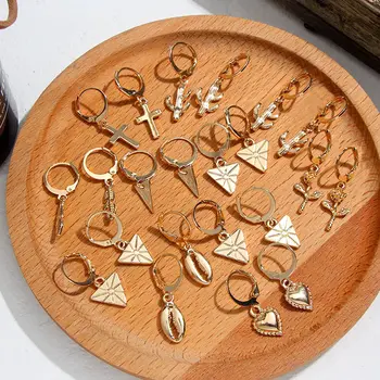 

JUST FEEL New Rose Flower Hoop Earrings for Women Gold Small Cross Triangle Cartilage Hoop Earring Charm Jewelry Endless Earring