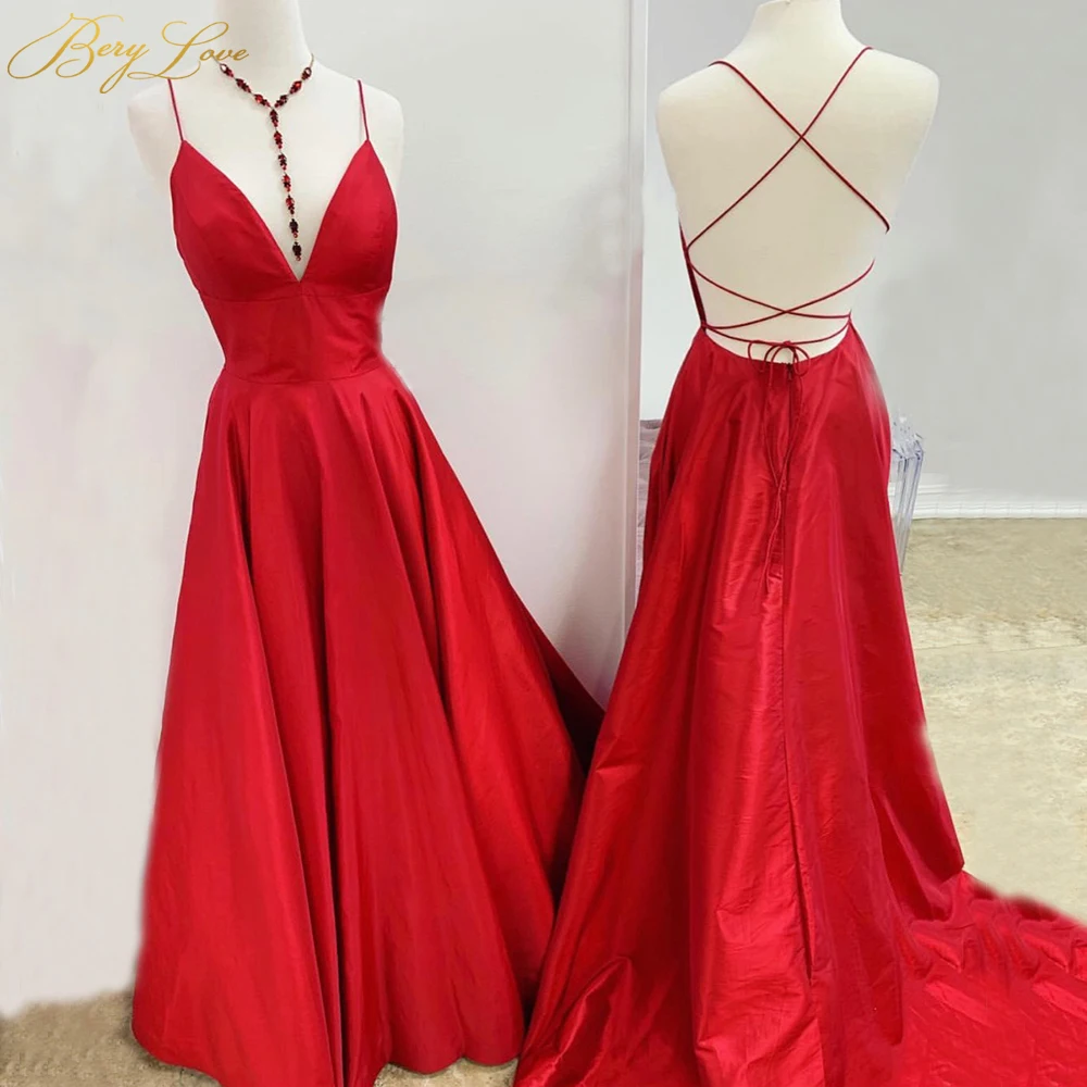 BeryLove, простое красное элегантное вечернее платье, платье на тонких бретелях, v-образный вырез, официальное, распродажа, вечерние, простое, для выпускного вечера, открытая спина