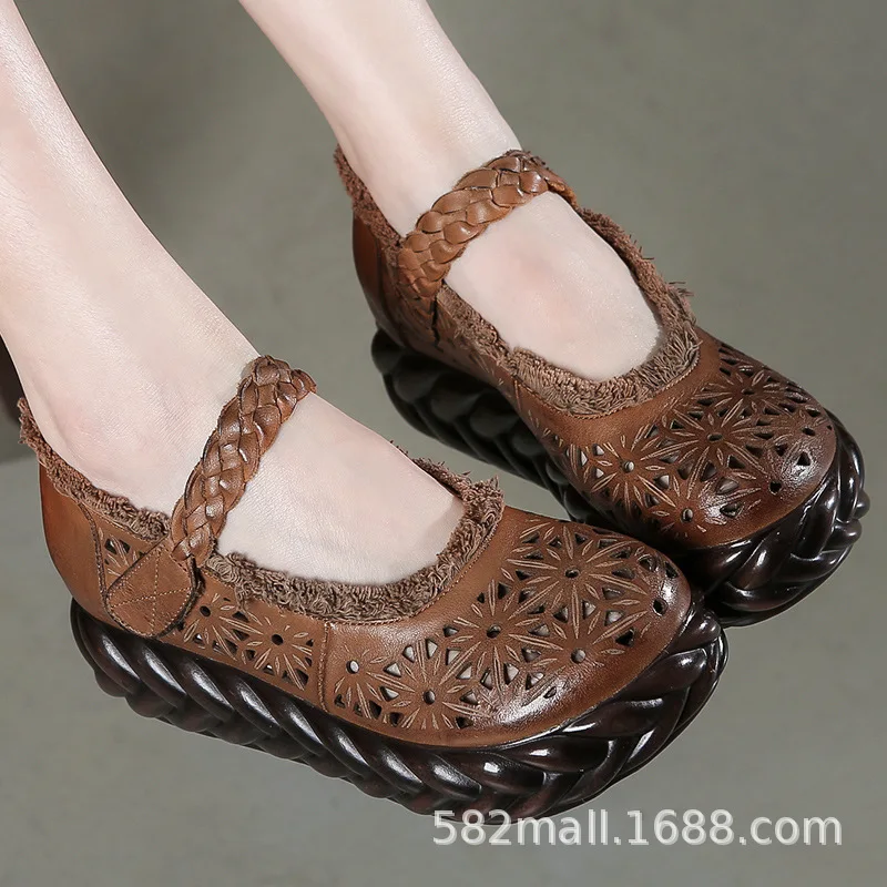 

Pinfeiliren Origional Genuine Leather Ethnic-Style Chinese-style Embroidery Slanted Heel Thick Bottomed Women's Cowhide Shoes El