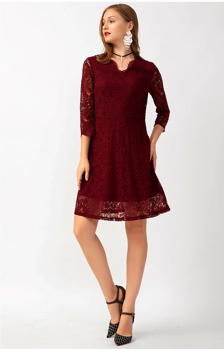 Осеннее бордовое кружевное платье для женщин, плюс размер, 5xl-l, повседневное, v-образный вырез, рукав три четверти, весеннее, винтажное, офисное, вечернее платье vestidos