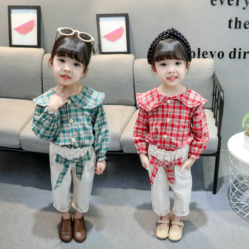 Toddler Girls Autumn Suit Revers Plaid Casual 2 Pcs Suit