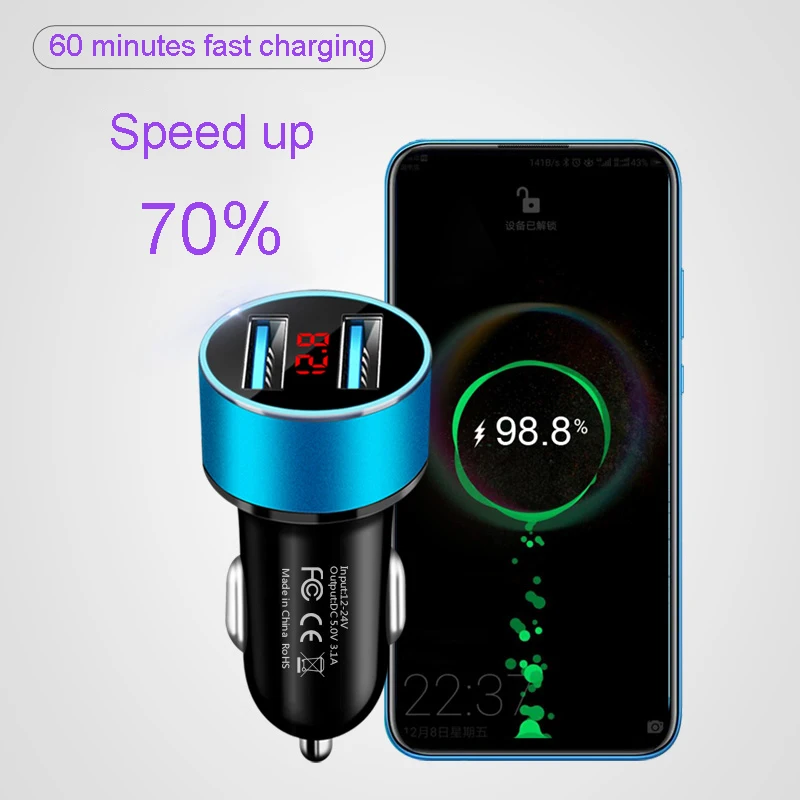 3.1A Dual USB Car Charger Quick Charge for Xiaomi Samsung iPhone 11 Tablet With LED Display Universal Mobile Phone Car-Charger