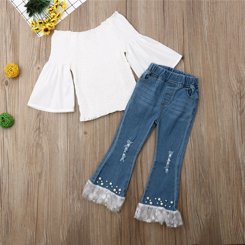 Новинка 2 предмета милая блузка с рюшами и открытыми плечами для маленьких