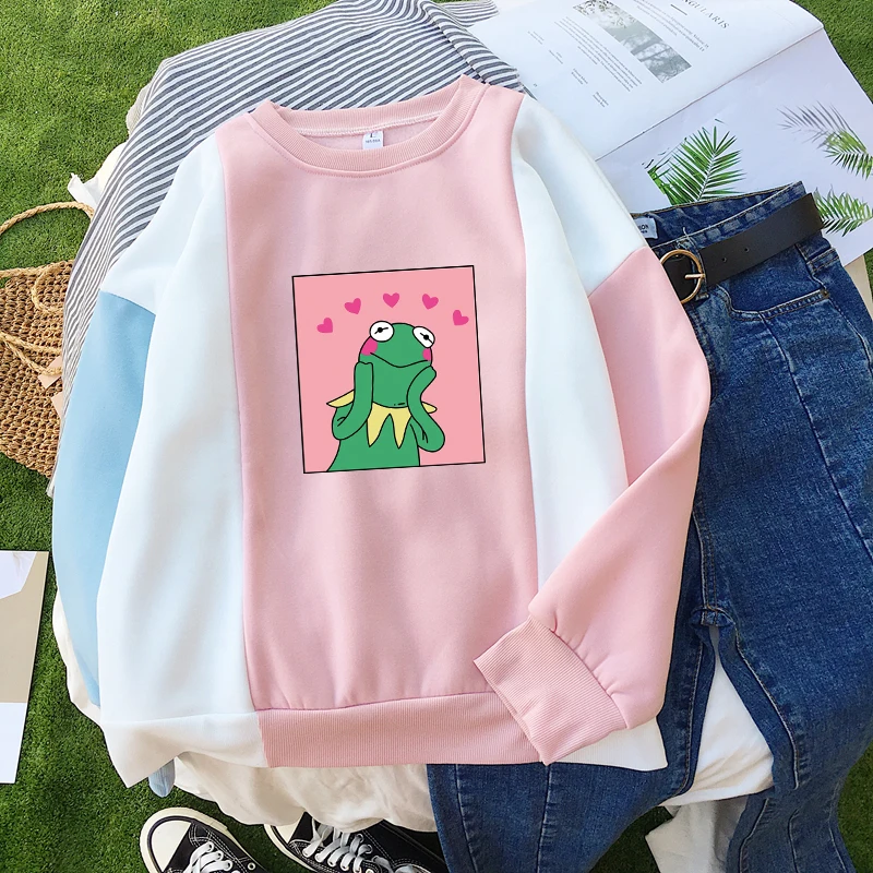 Женская осенне-зимняя новая флисовая толстовка Kawaii с милым рисунком лягушки повседневная с круглым вырезом цветной Плетеный женская толстовка Hosodies