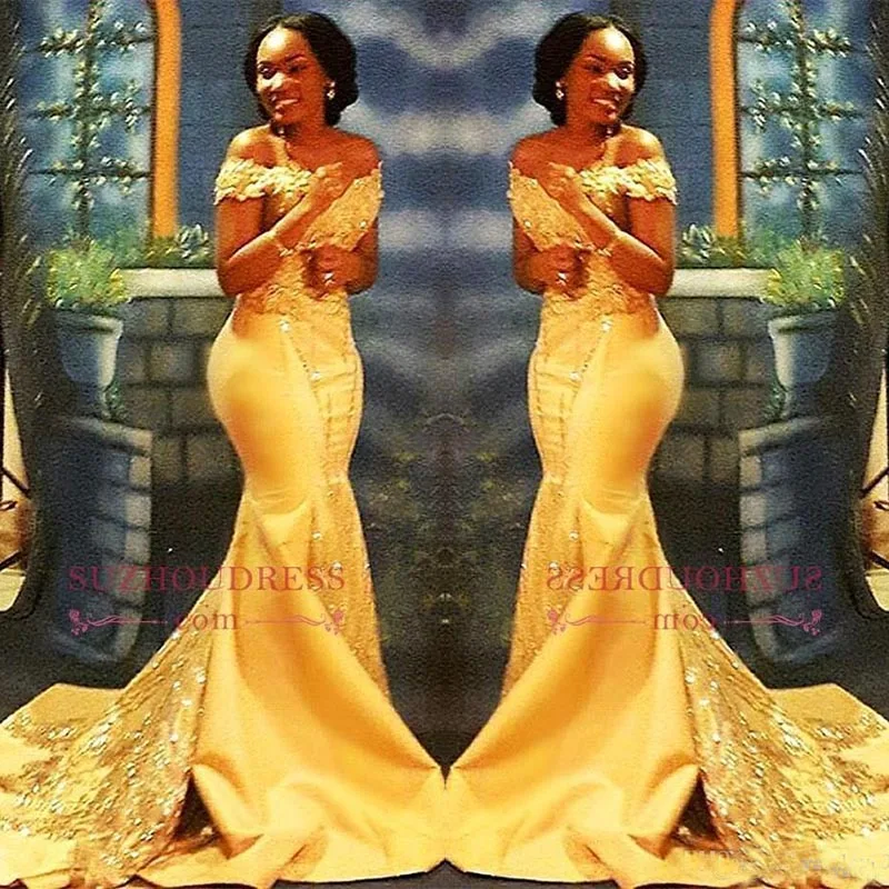 

African Nigerian Yellow Mermaid Prom Dresses 2019 Off Shoulders Lace Sequined Satin Evening Prom Gowns Arabic Party Dresses